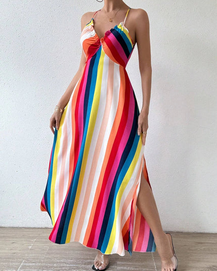 Women's Ethnic Pattern Backless Split Thigh Boho Maxi Dress