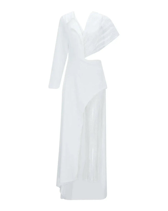 Elegant Deep V Long Sleeve Slit Dress – Formal Lace Evening Gown