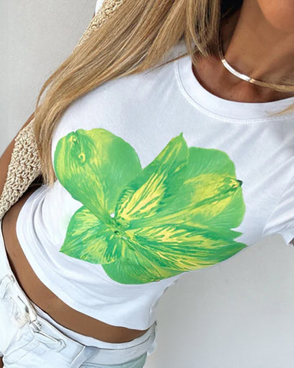 Polyester Women's Casual Slim-fit Waist Flower Printed Short-sleeved T-shirt
