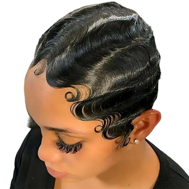 Close-up of a person with styled hair in a salon setting