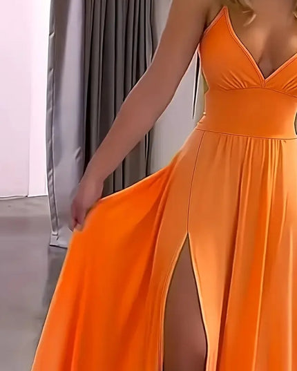 Women's Sexy Deep V Neck Maxi Dress Spaghetti Strap Sleeveless Backless High Slit Long Dress