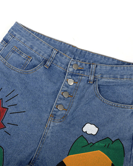 Blue jeans with colorful graphics on a white background