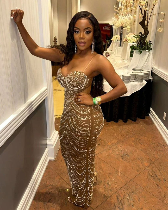 Sling Hot Drilling Foam Beads Evening Dress