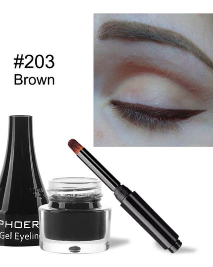 PHOER gel eyeliner with applicator and close-up of brown eyeliner on eye