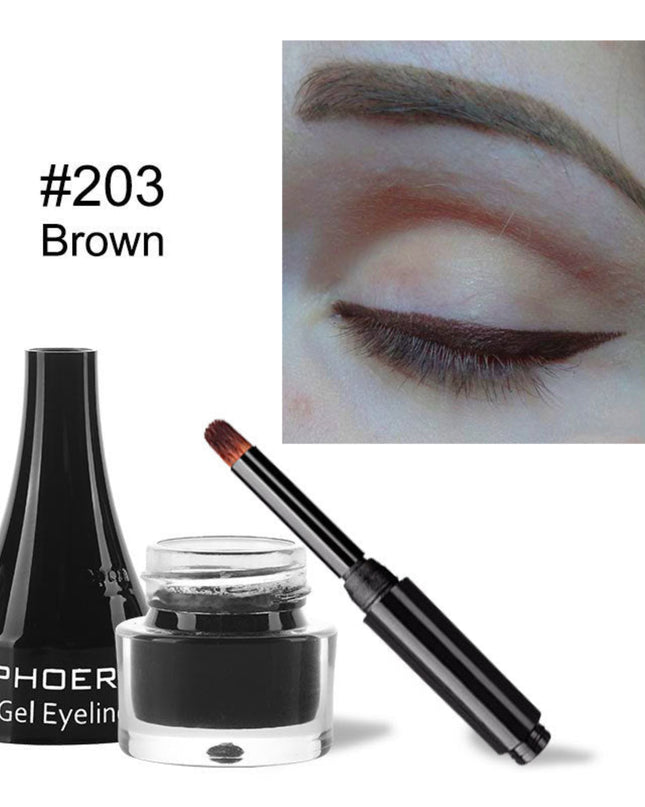 PHOER gel eyeliner with applicator and close-up of brown eyeliner on eye
