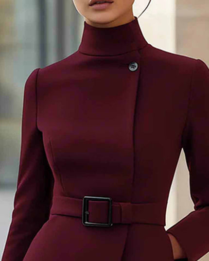 Elegant midi dress with belt showcasing stand collar and long sleeves in a rich burgundy color.