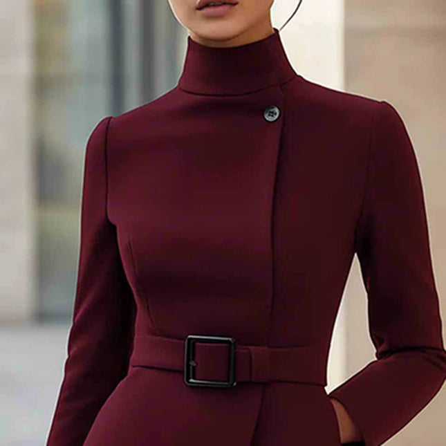 Elegant midi dress with belt showcasing stand collar and long sleeves in a rich burgundy color.