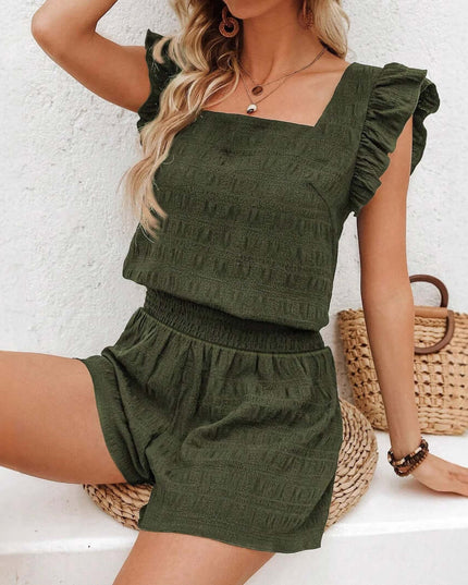 Square Neck Ruffled Casual Shorts Set For Women