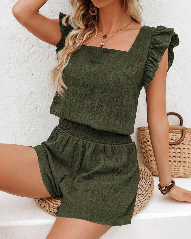 Square Neck Ruffled Casual Shorts Set For Women