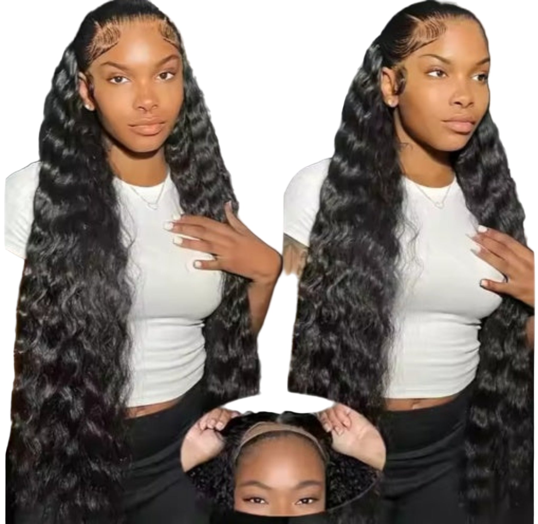 Woman with long black hair styled in a lace front wig, wearing a white top and black pants.