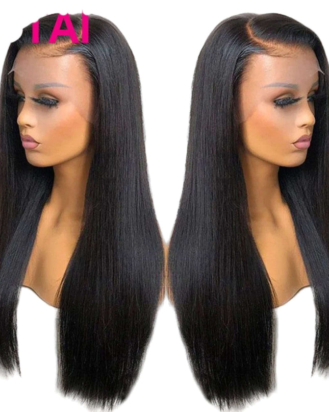 Two views of a black straight wig on a mannequin head against a beige background.