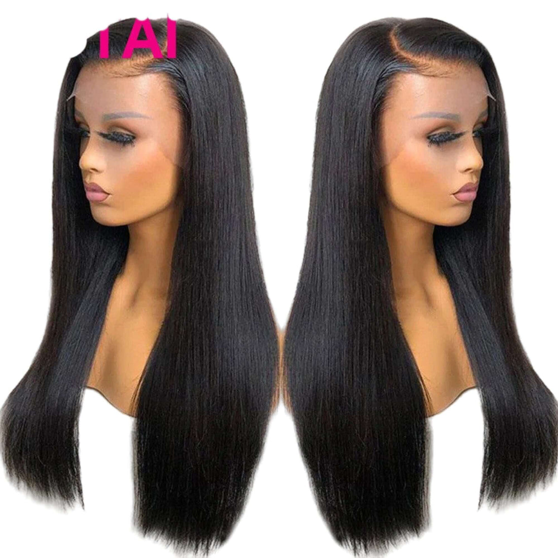 Collage of a black wig on a mannequin head, styled in a high bun, and from the back.
