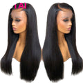 Two views of a black straight wig on a mannequin head against a beige background.