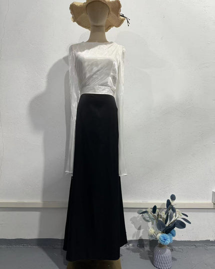 Elegant Summer Sleeve Contrast Chiffon & Satin Maxi Dress With Flared Cuffs - Slim Fit Long Dress For Women