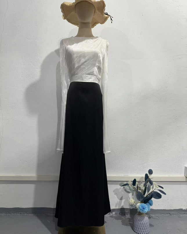 Elegant Summer Sleeve Contrast Chiffon & Satin Maxi Dress With Flared Cuffs - Slim Fit Long Dress For Women