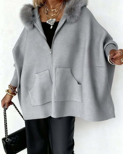 Ins Plush Hooded Cardigan Fashion Warm Pockets Zip-up Knitted Jacket Casual Outerwear Batwing Sleeve Sweater Women's Clothing