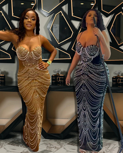 Sling Hot Drilling Foam Beads Evening Dress