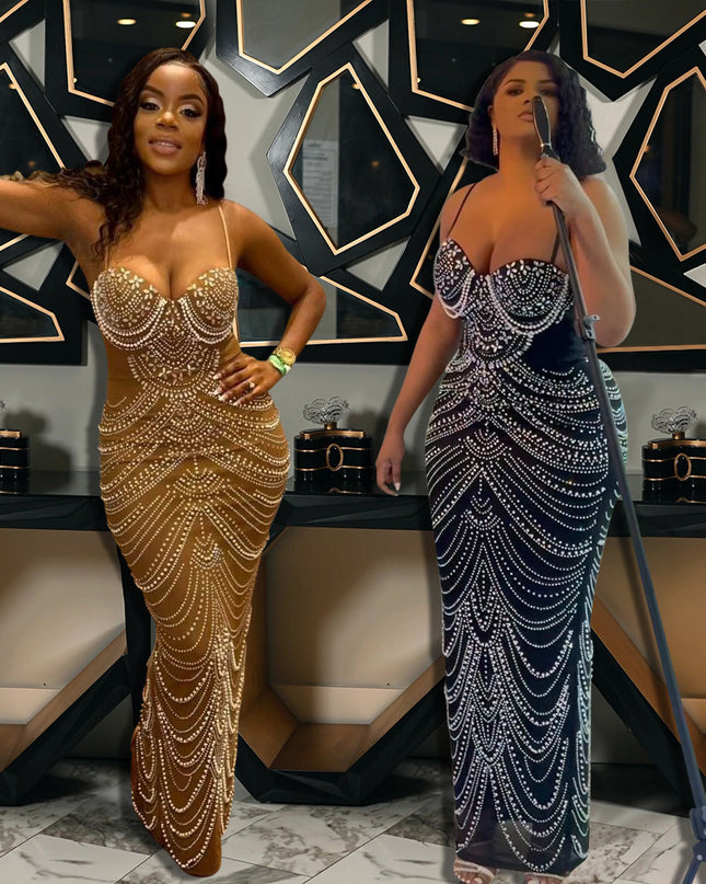 Sling Hot Drilling Foam Beads Evening Dress