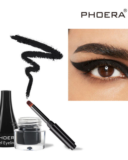 PHOERA gel eyeliner set with application sample and close-up of eye wearing the product.