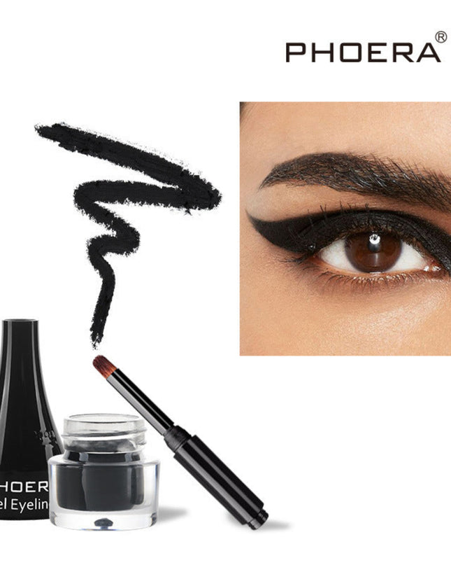 PHOERA gel eyeliner set with application sample and close-up of eye wearing the product.