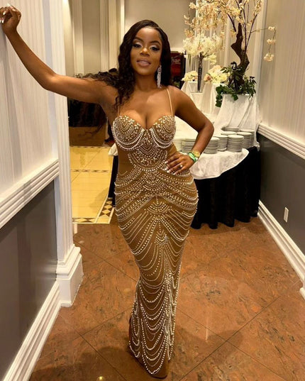 Sling Hot Drilling Foam Beads Evening Dress