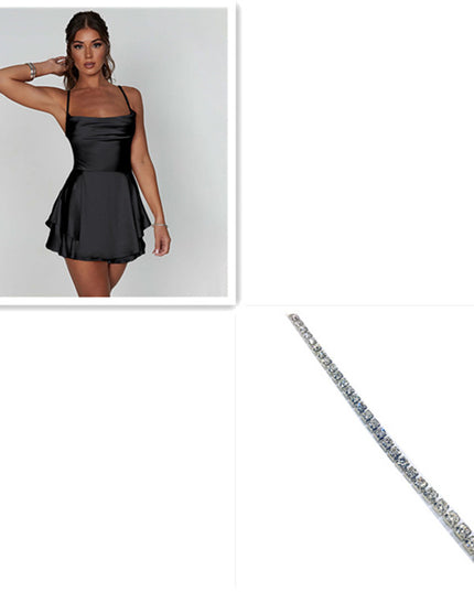 Sexy Suspender Skirt For Women Elegant Slim Strap Satin Backless Lace Up A-Line Short Dress Lady