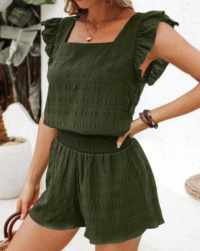 Square Neck Ruffled Casual Shorts Set For Women