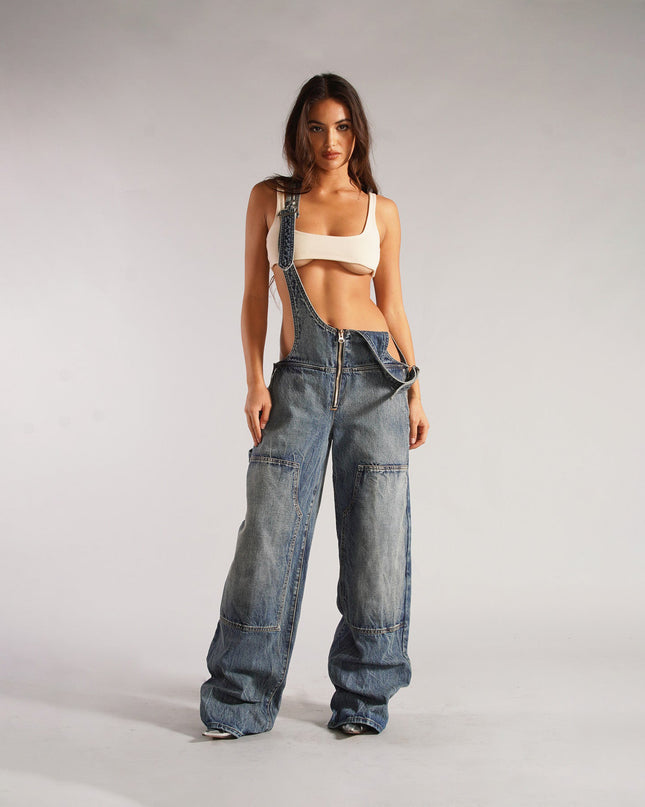Y2K Zipper Denim Overalls With Pockets Fashion Loose Suspender Jumpsuit Streetwear Jeans Pants Womens Clothing