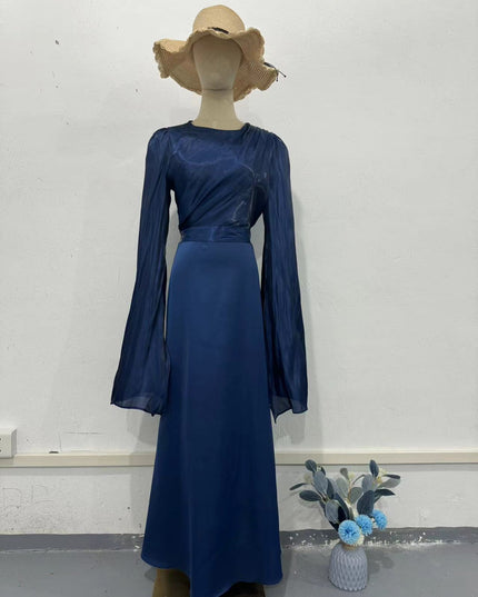 Elegant Summer Sleeve Contrast Chiffon & Satin Maxi Dress With Flared Cuffs - Slim Fit Long Dress For Women