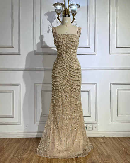 Nude Elegant Sling Light Luxury High-end Pearl Beaded Dress