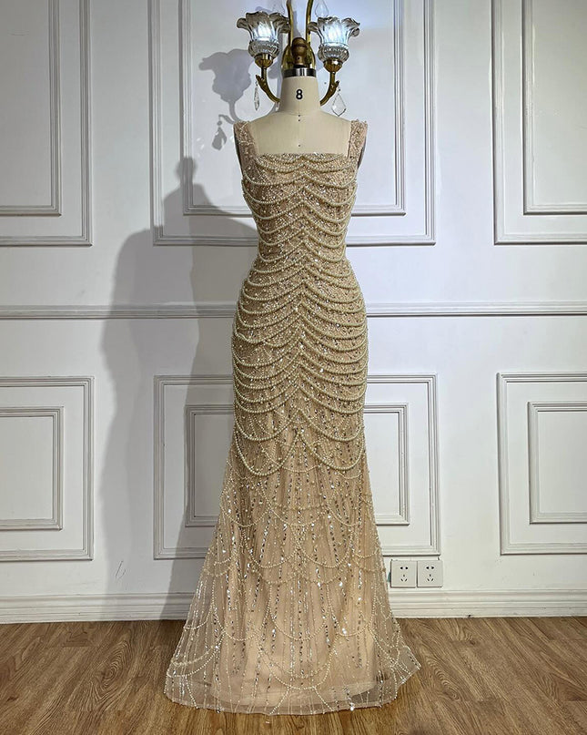 Nude Elegant Sling Light Luxury High-end Pearl Beaded Dress