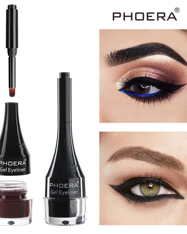 PHOERA gel eyeliner set with close-up images of eyes wearing the product.
