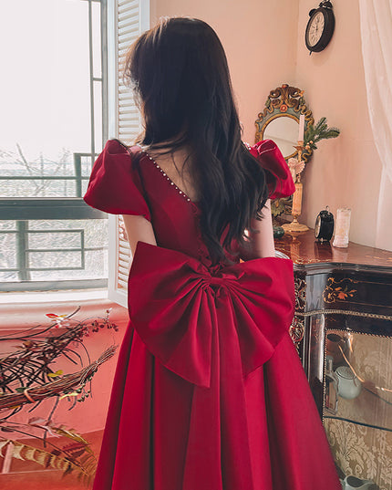 Winter Wine Red Engagement Daily French Princess On The Run Satin Dress