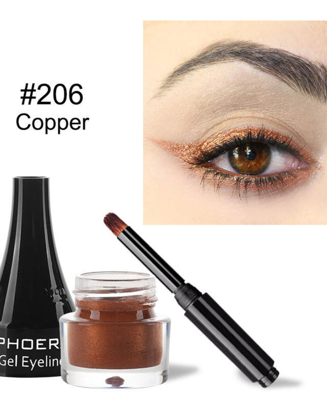 PHOER gel eyeliner with applicator and copper-colored eye makeup on a white background