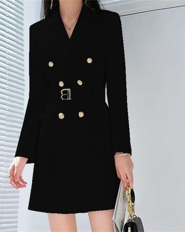Black double-breasted coat with gold buttons worn by a person, against a neutral background.