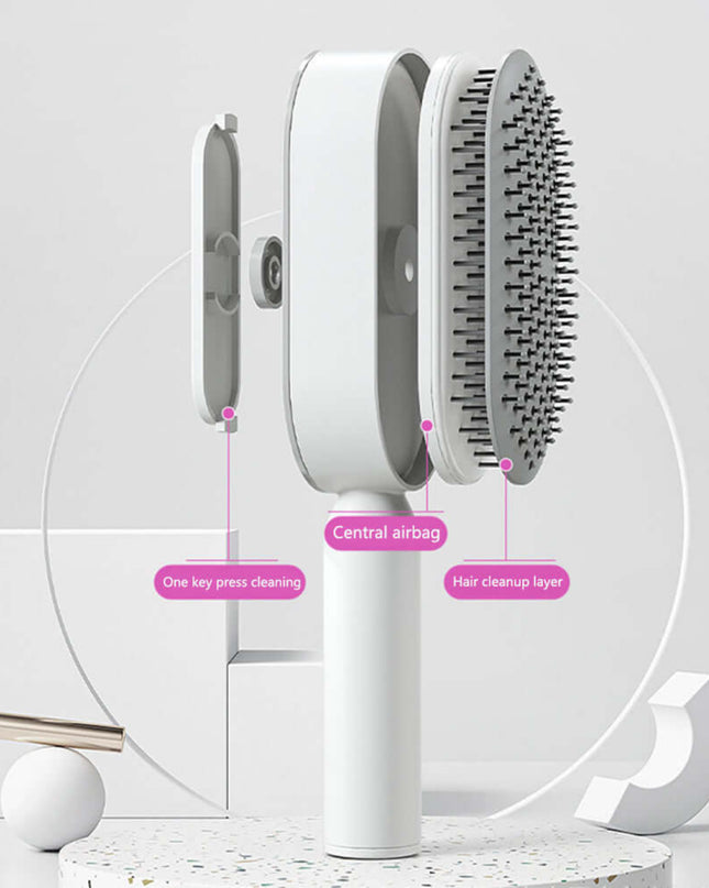 Hair cleaning brush with labeled parts on a white background