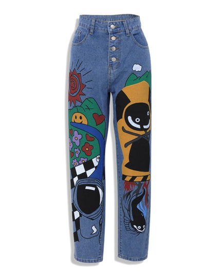 Womens Cartoon Printed Jeans Harem Pants Trousers For Women