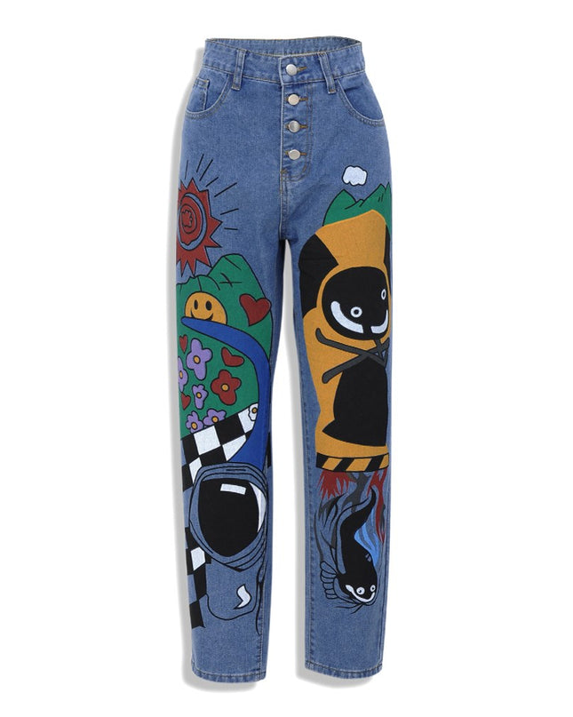 Womens Cartoon Printed Jeans Harem Pants Trousers For Women