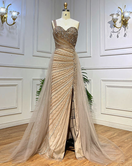 Blue Handmade Beaded Split Shoulder Fishtail Dress