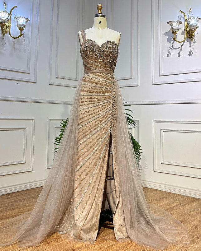 Blue Handmade Beaded Split Shoulder Fishtail Dress