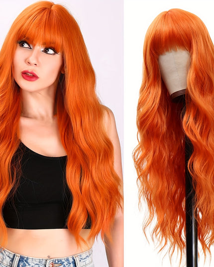 Elegant Long Orange Non-toxic Wig, Synthetic Wavy Hair Wig For Ladies, 28-inch Long Hair, Suitable For The Whole Scene