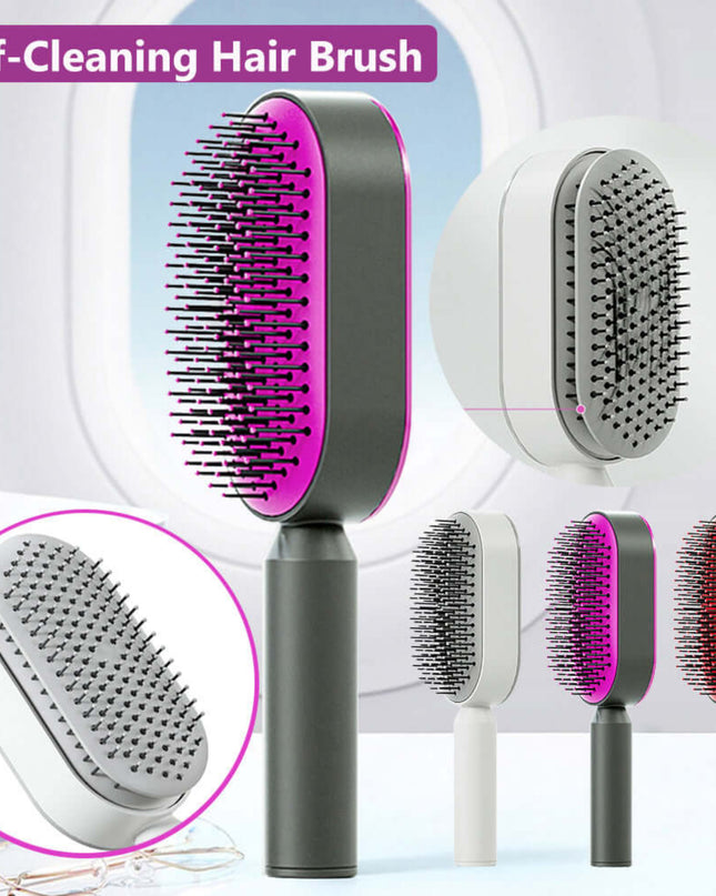 Self-Cleaning Hair Brush with pink bristle heads on a white background