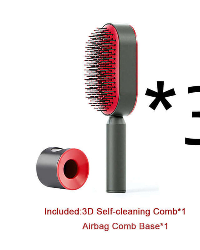 Hairbrush with red bristle head and gray handle on a white background, including text about included items.