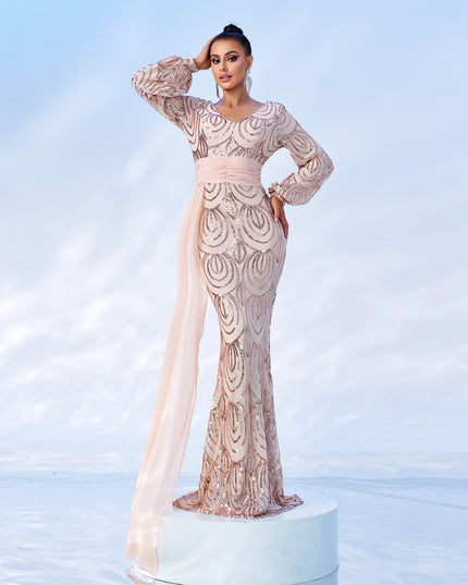 Long Sleeve Sexy Long Sequined V-neck Banquet Ribbon Evening Dress