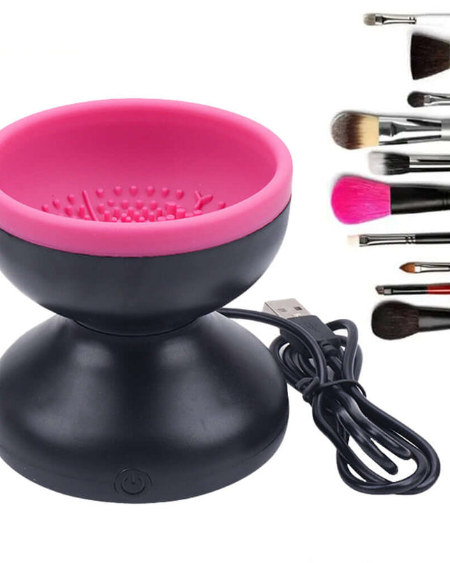 Black and pink makeup brush holder with USB cable and makeup brushes on a white background