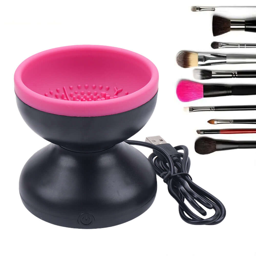 Black and pink makeup brush holder with USB cable and makeup brushes on a white background