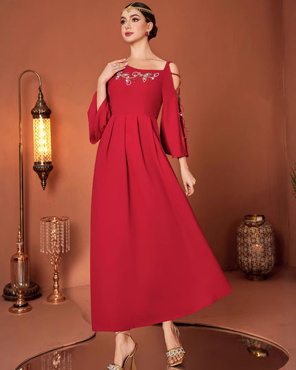 Red Designer Model Heavy Industry Hand Sewing Drill Off-the-shoulder Dress