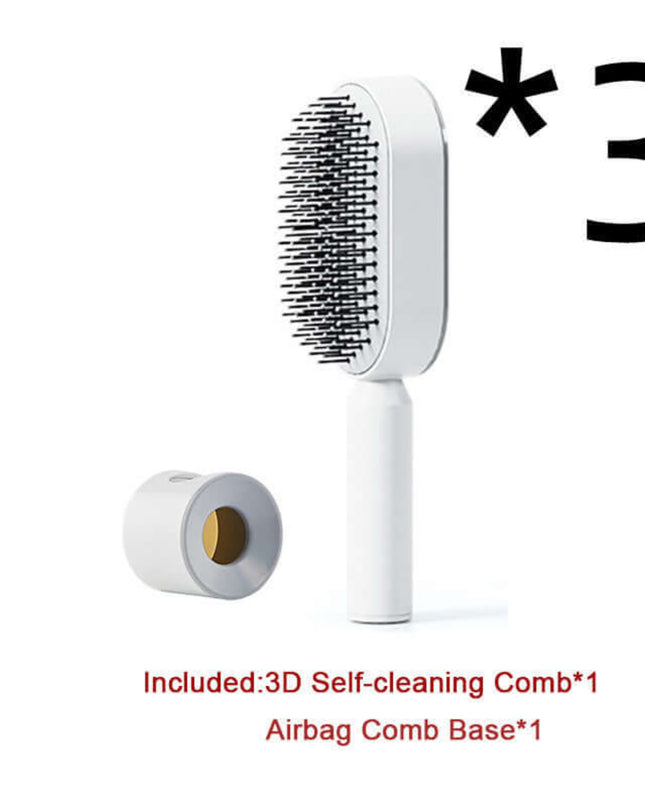 White grooming brush with bristles and a cylindrical component on a white background, labeled with text.