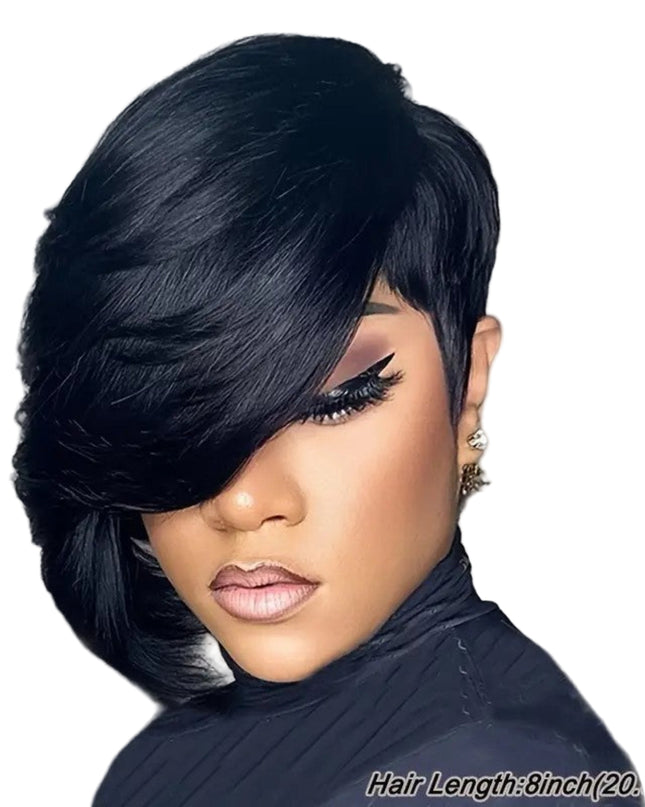 Woman with stylish black hair, wearing a dark top against a gray background