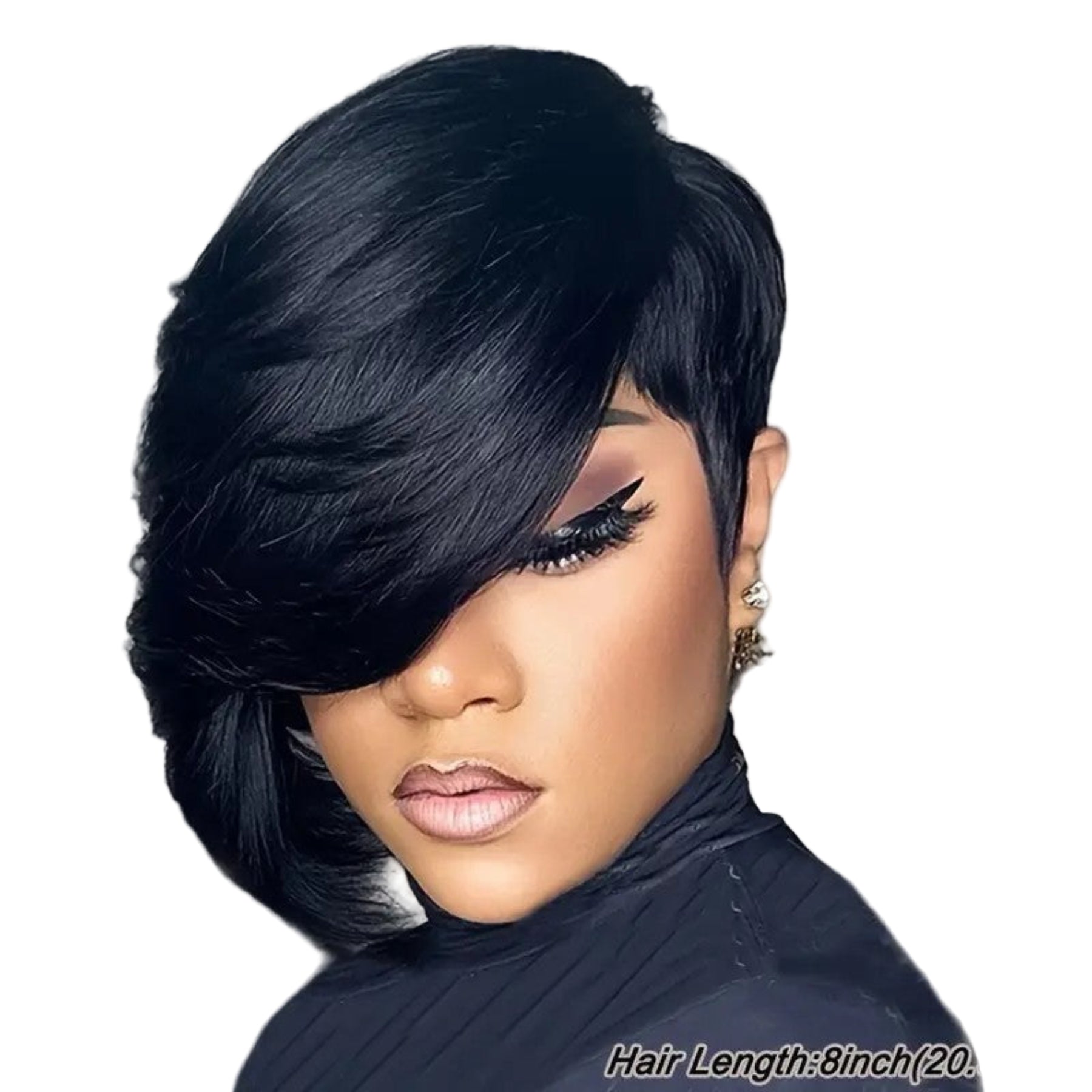 Woman with stylish black hair, wearing a dark top against a gray background
